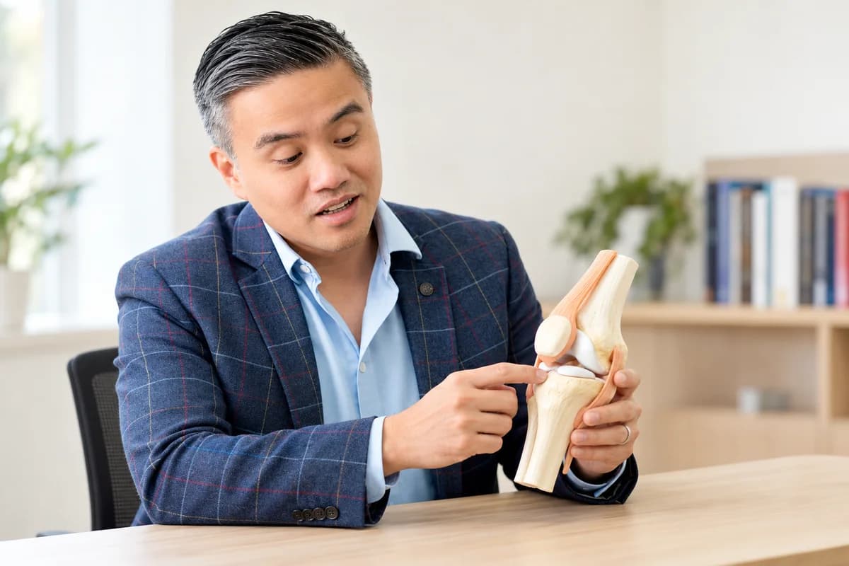 Professor Paul Lee explaining a knee joint model