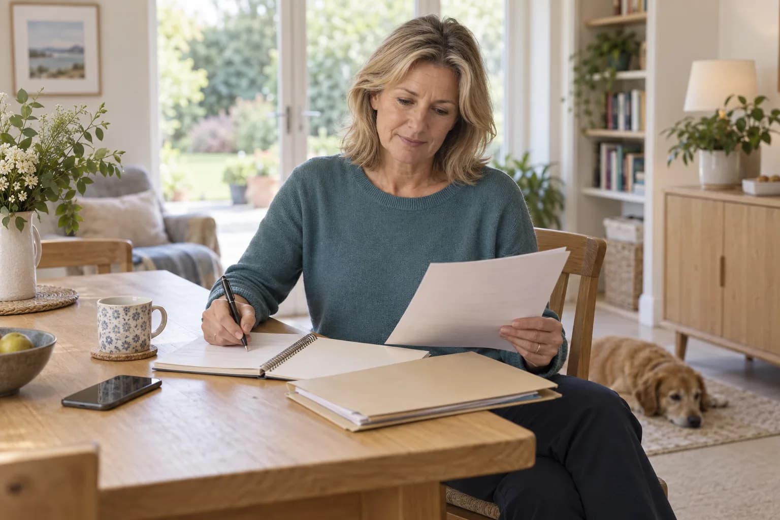 A woman reviewing her records and writing questions before a consultation